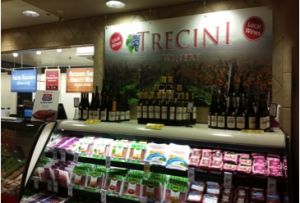 Trecini Winery, Point of Sale, Safeway, Santa Rosa, Sonoma County, California, wine, wineries, Mendocino Avenue location, widef format printing, signs, lightweight signs, colorful displays, hanging signs, Sonoma County wine, grapes