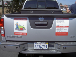 Louie's Mobile Auto Repair, Santa Rosa, Sonoma County, AJ Printing & Graphics and Wine Country Signs, vehicle graphics, vehicle magnets, moving billboard, advertising that pays, removable vehicle graphics, magnets 