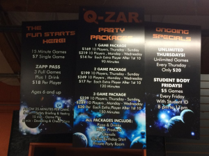 Q-Zar Laser Tag, Rohnert Park, menu design, flat bed printing, wide-format printing, digital printing, cut vinyl on pvc, durable, long-lasting signs, gator board, Sonoma County , Wine Country Signs, AJ Printing and Graphics, digital technology, commercial printing