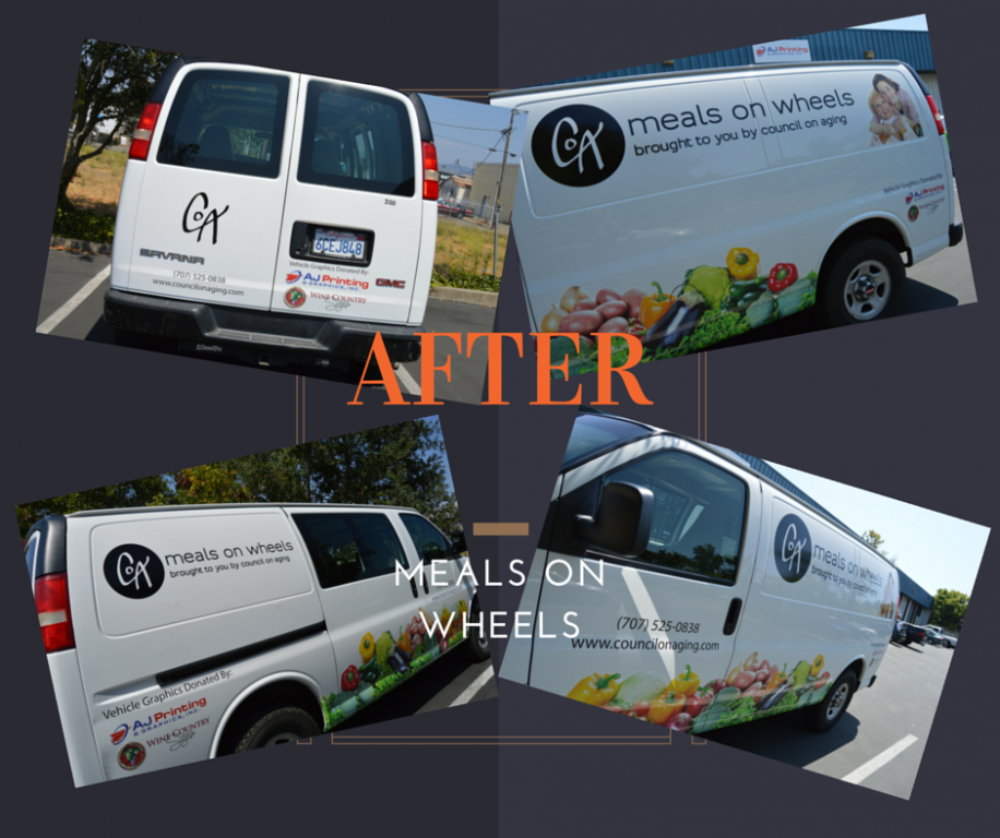 After the Meals on Wheels vehicles, Council on Aging, Santa Rosa, California, donations, non-profit, commercial printer, AJ Printing and Graphics and Wine Country Signs, philanthropy, community support, non-profit donations, vehicle wraps, vehicle graphics, aging seniors, government programs for seniors, marketing, visual impressions, graphic design